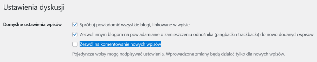 Instrukcja, jak domyślnie wyłączyć komentarze nowych wpisów w WordPress